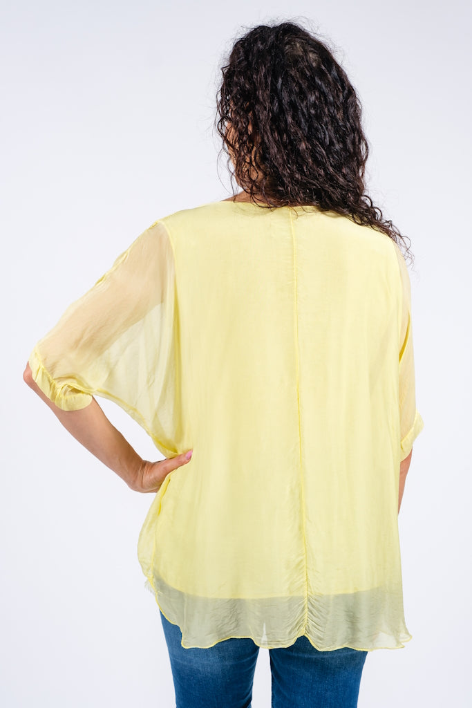 BQ209-700 Yellow Adriana 3/4 Sleeve Silk Double Raw Edge Top