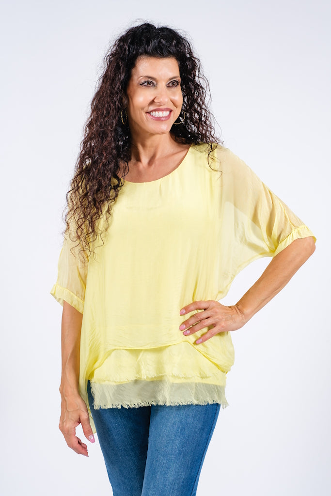 BQ209-700 Yellow Adriana 3/4 Sleeve Silk Double Raw Edge Top
