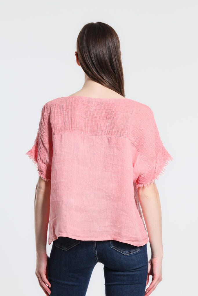 BSS183-815 Coral Enzyme Candi Frayed Mixed Media Top