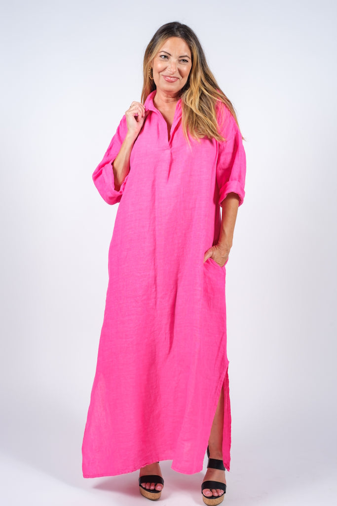 DQ107-371 Hot Pink Fernanda Open Collar Linen Dress