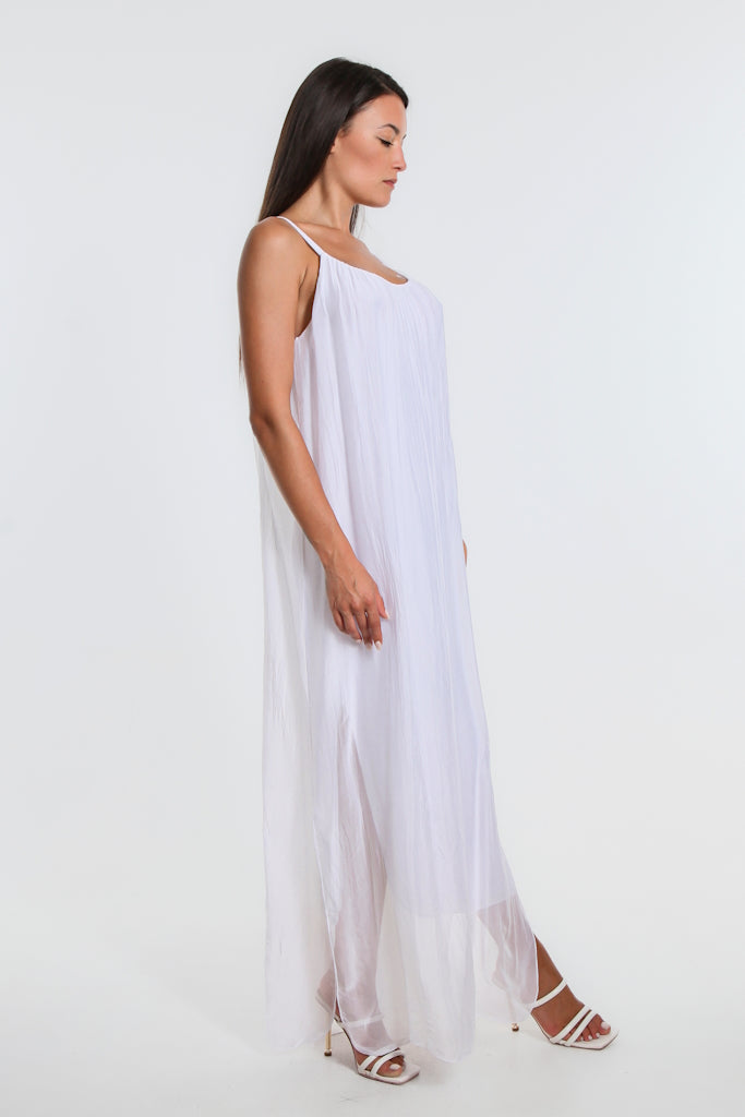 DT222-100 White Marla Halter Silk Maxi Dress