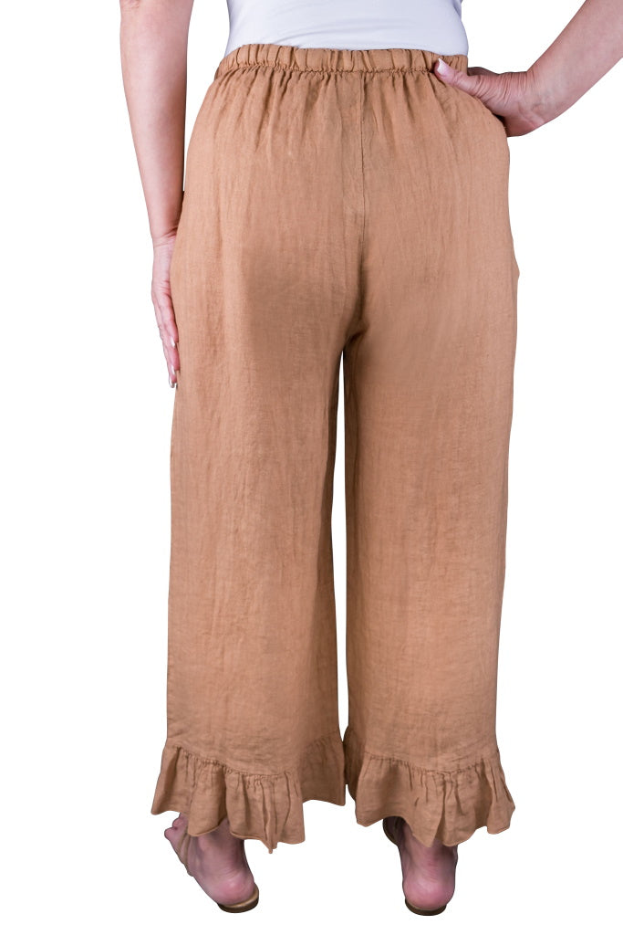 PL158-258 Camel Desiree Rosette Ankle Linen Pant