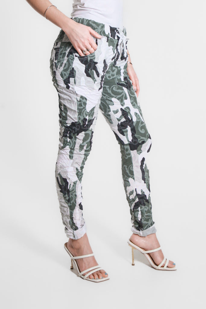 PL160A-100 White Abstract Camo Collins Stretch Tie Waist Pant