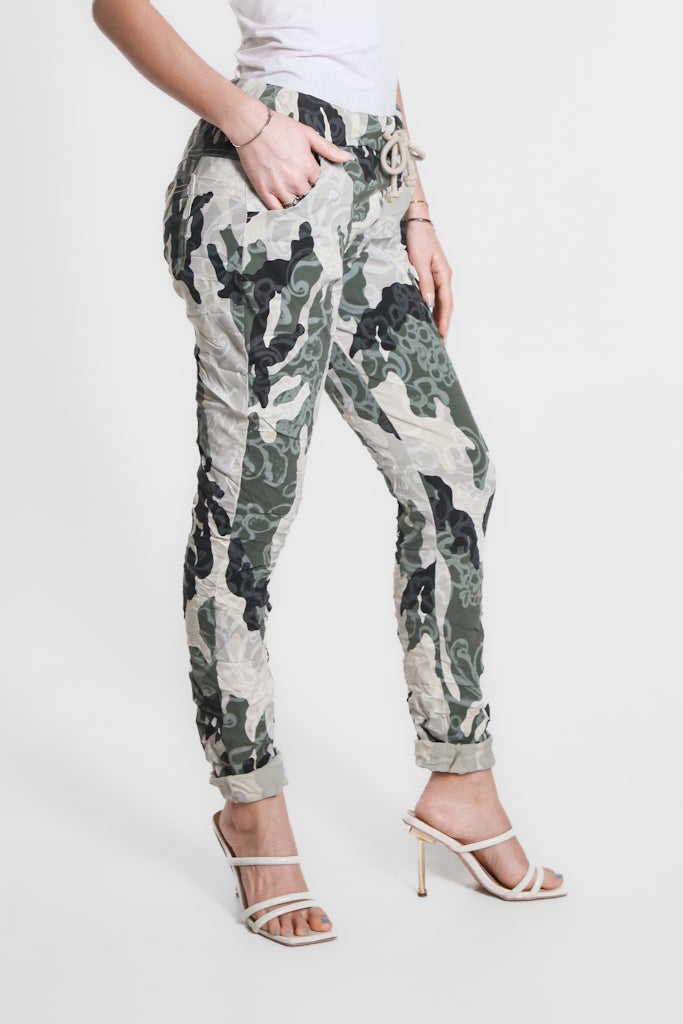 PL160A-250 Beige Abstract Camo Collins Stretch Tie Waist Pant