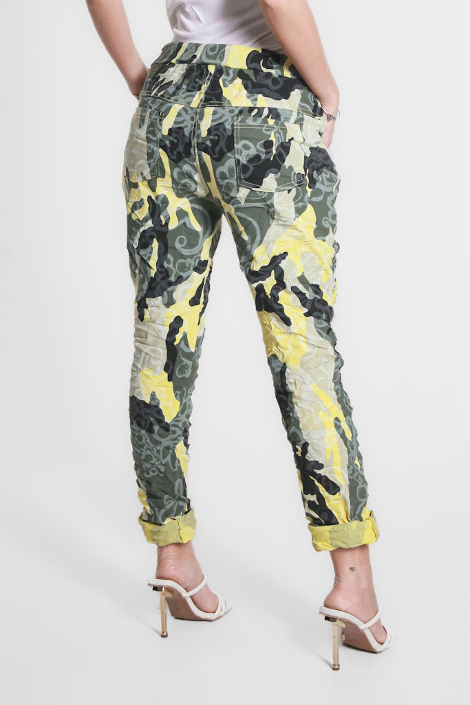 PL160A-700 Yellow Abstract Camo Collins Stretch Tie Waist Pant
