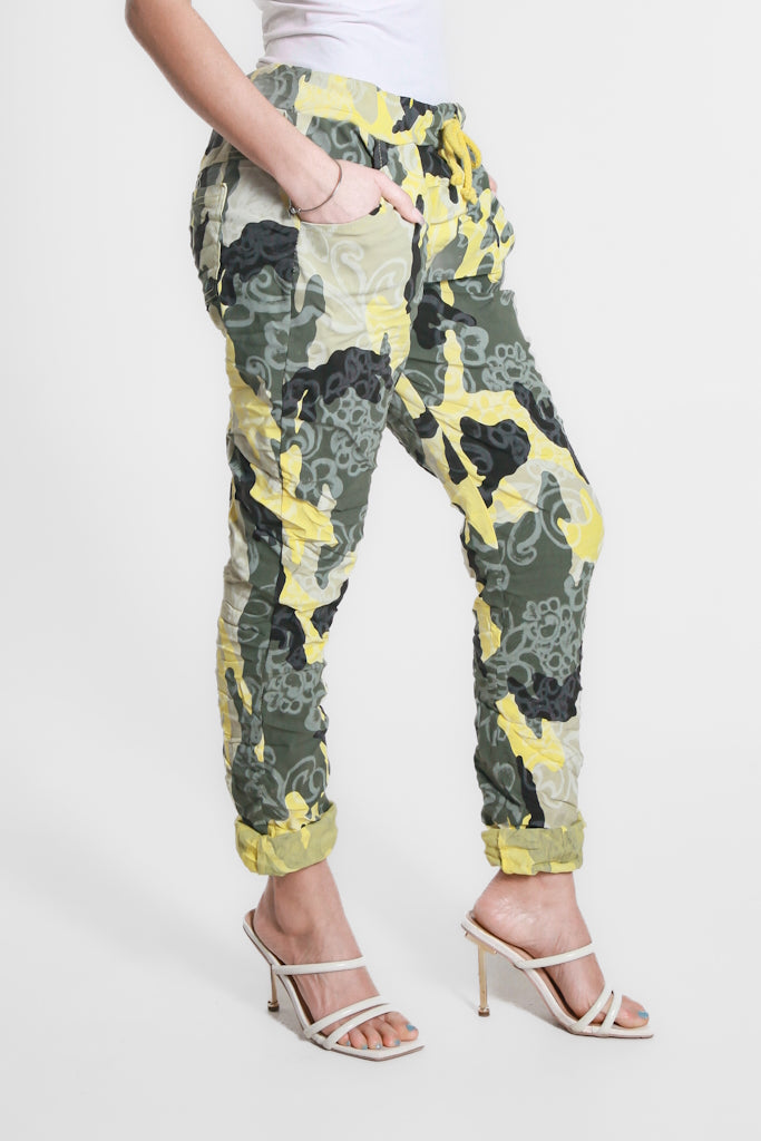 PL160A-700 Yellow Abstract Camo Collins Stretch Tie Waist Pant