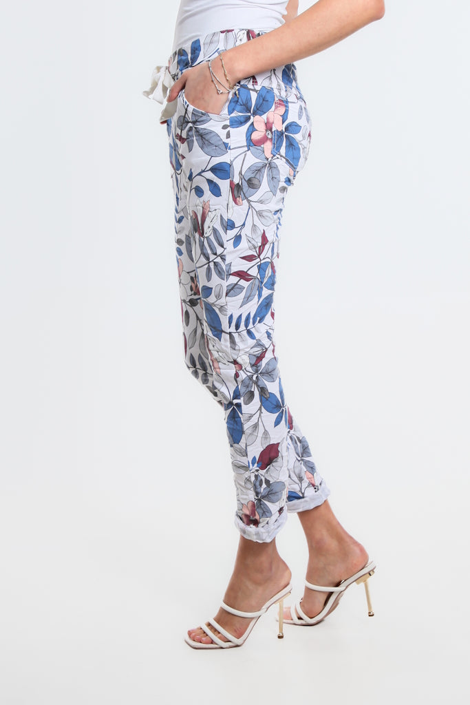 PL160L-100 White Lovely Leaves Collins Stretch Tie Waist Pant