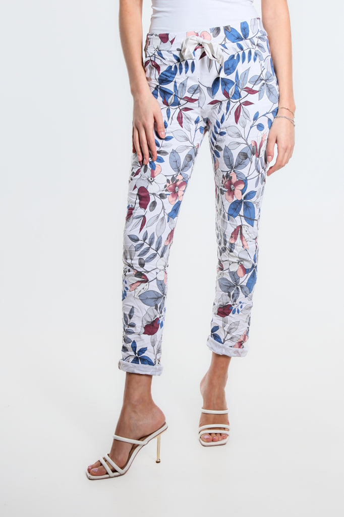 PL160L-100 White Lovely Leaves Collins Stretch Tie Waist Pant
