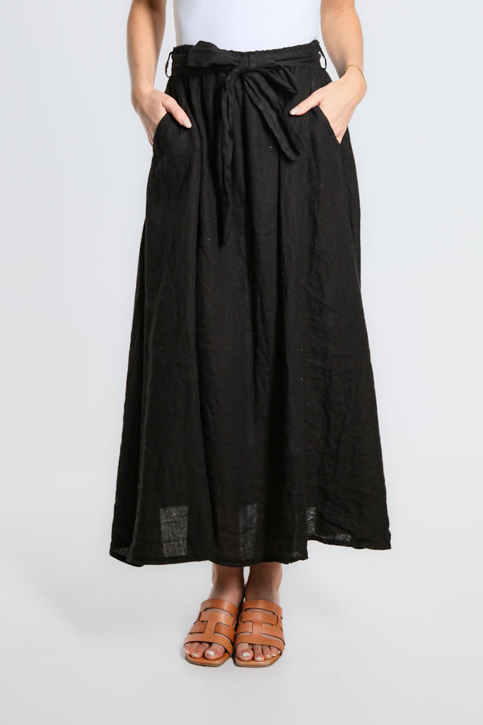 SL113-001 Black Angie A-Line Long Linen Skirt w/Pockets