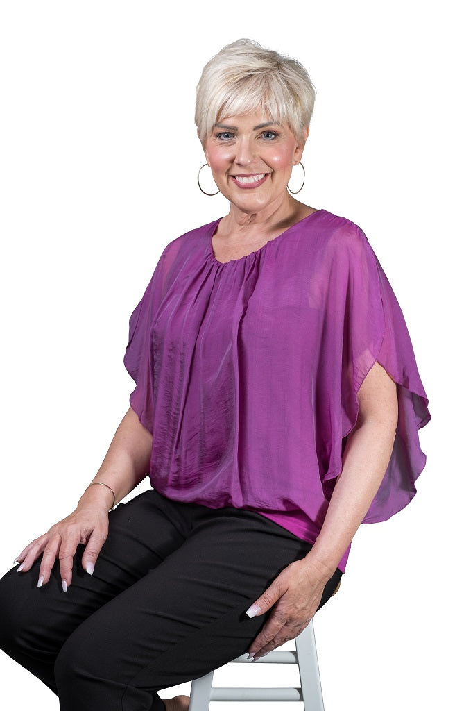 BSS202-520 Orchid Aurora Flutter Fly Sleeve Silk Top with Band Bottom