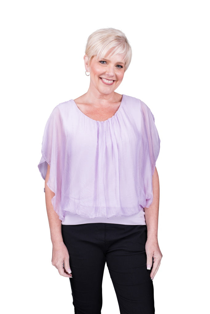 BSS202-534 Lilac Aurora Flutter Fly Sleeve Silk Top with Band Bottom