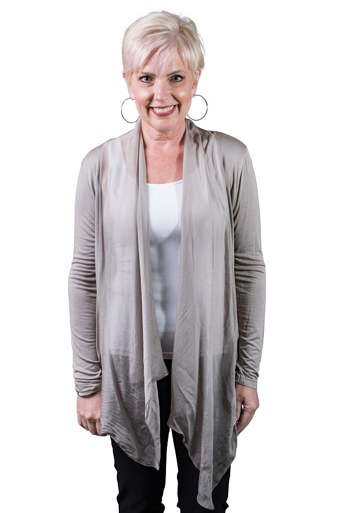 CLS201-210 Taupe Carla Long Sleeve Open Cardi with Silk Trim