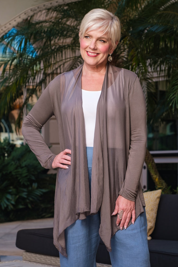 CLS201-243 Dark Taupe Carla Long Sleeve Open Cardi with Silk Trim