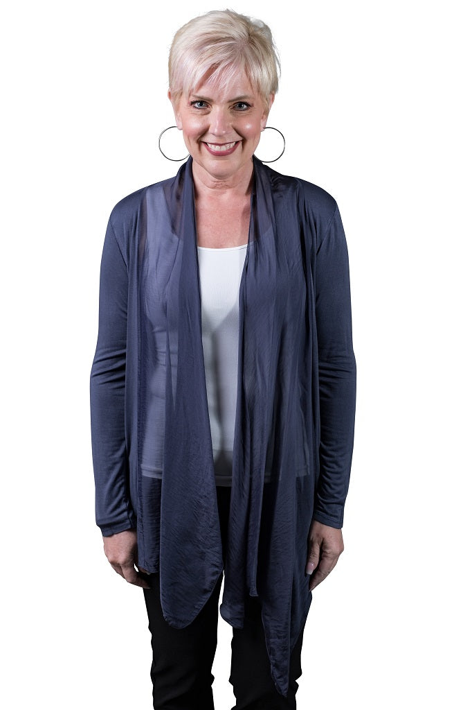 CLS201-409 Navy Carla Long Sleeve Open Cardi with Silk Trim