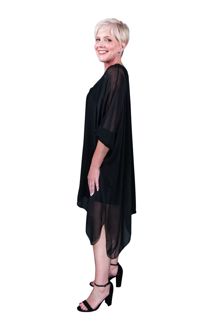 DQ202-001 Black Alessia 3/4 Slv Silk Kaftan Dress
