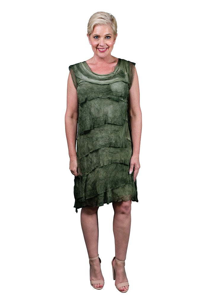 DT202-308 Brushed Army Mariana Sleeveless Silk Ruffle Dress