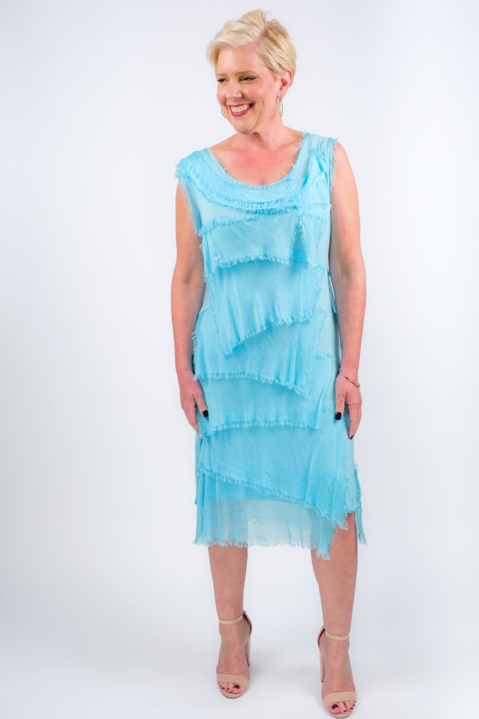 DT202-440 Turq Mariana Sleeveless Silk Ruffle Dress