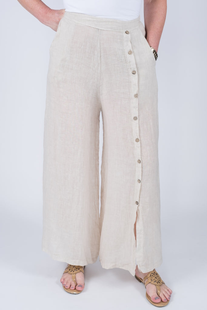 PL135-250 Beige Gracelynn Button Detail Linen Pant