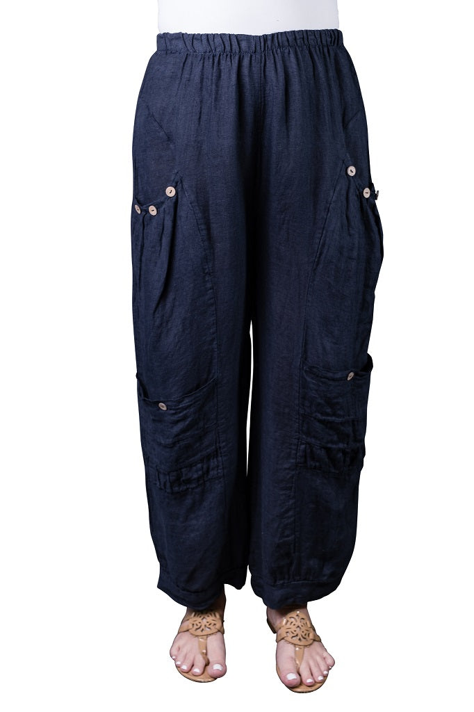 PL171-409 Navy Mary Dbl Pocket Linen Pant w/ Buttons