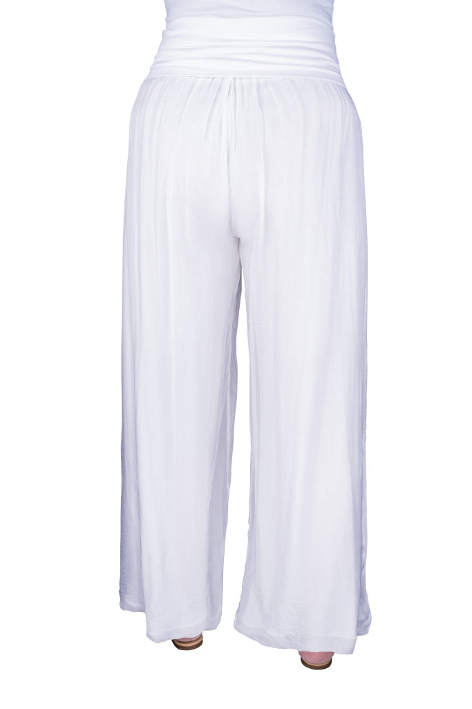 PL203-100 White Mercedes Silk Pant with Foldover Waist