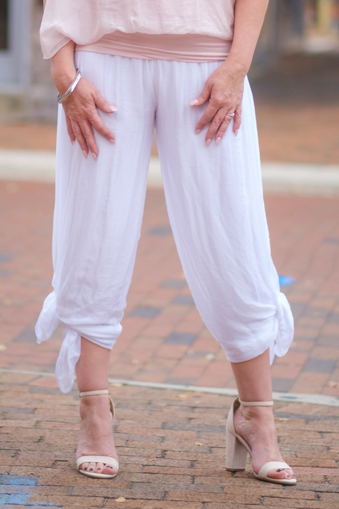 PL206-100 White Eva Silk Side Slit Pant