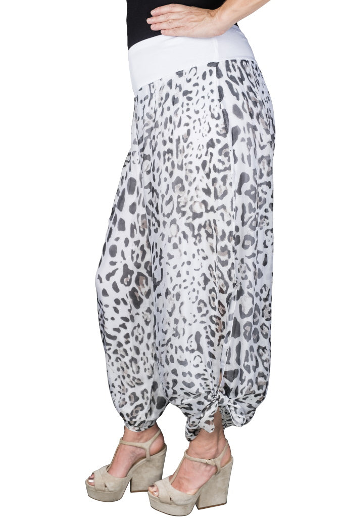 PL206L-100 White Eva Leopard Silk Side Slit Pant
