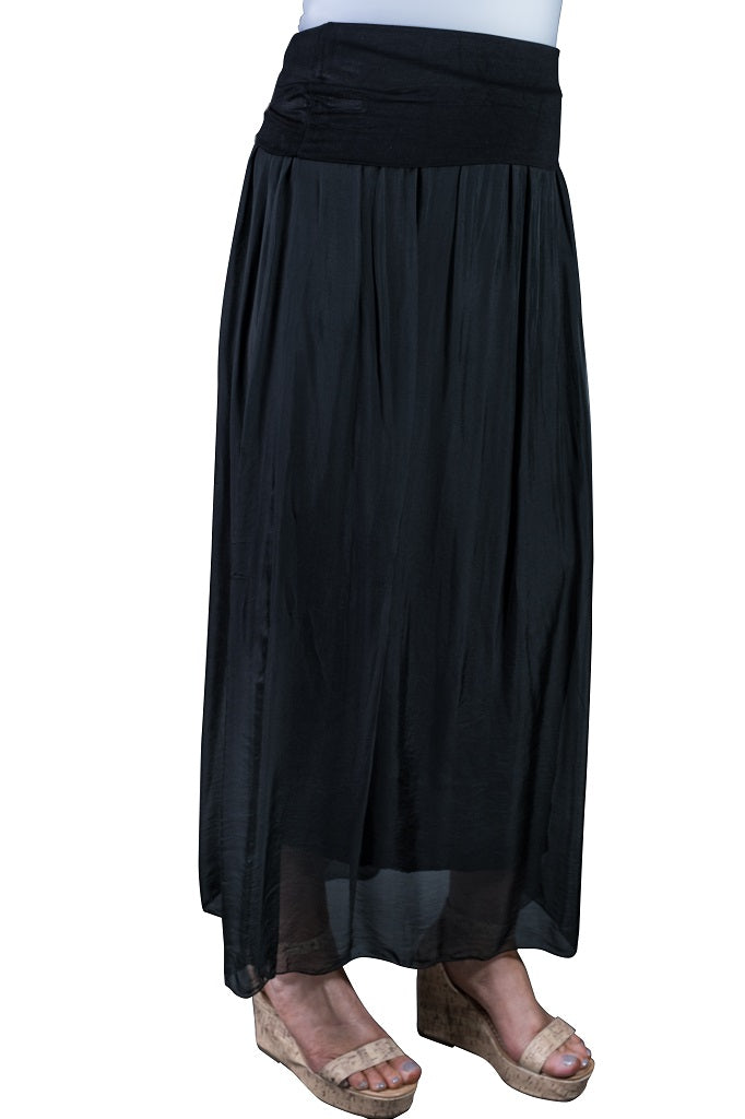 SL204-001 Black Brenda Long Silk Foldover Waist Skirt