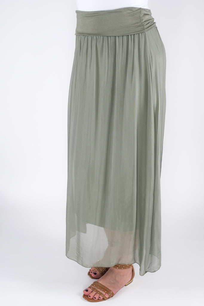 SL204-316 Olive Brenda Long Silk Foldover Waist Skirt