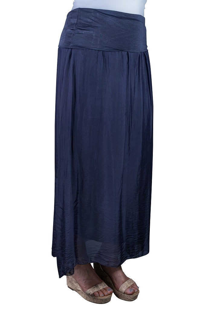 SL204-409 Navy Brenda Long Silk Foldover Waist Skirt