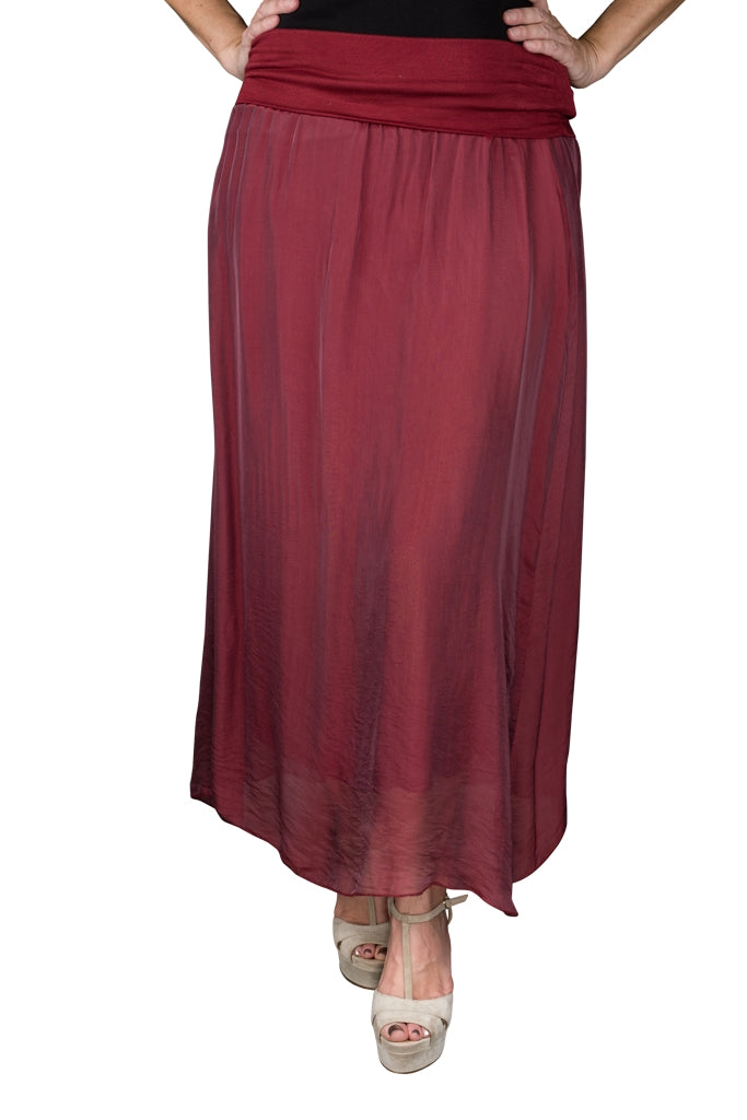 SL204-602 Burgundy Brenda Long Silk Foldover Waist Skirt