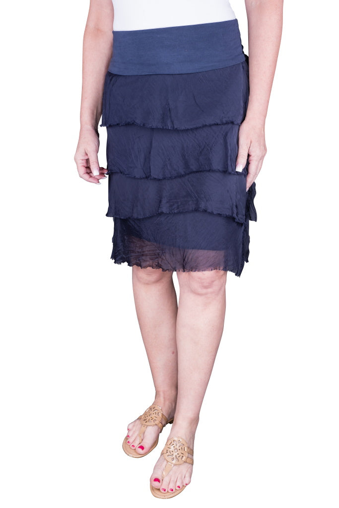 SS203-409 Navy Marisa Silk Ruffle Skirt