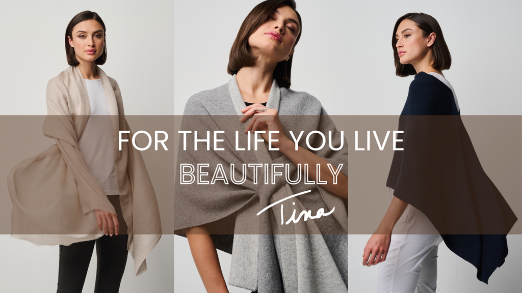 Three women wearing different colored cardigans with a quote and brand name overlay.