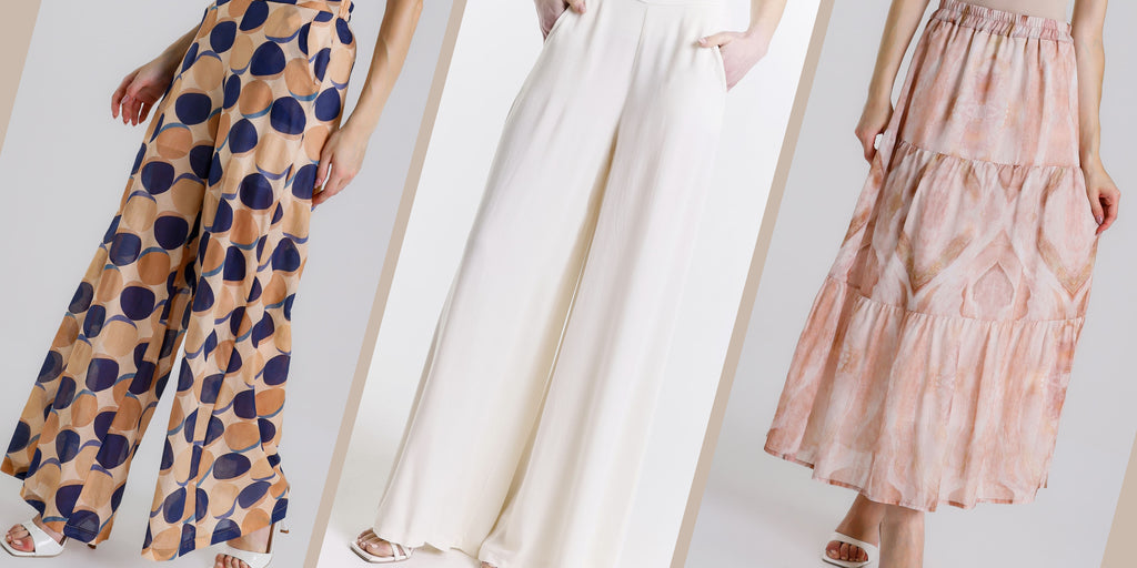 Three different dresses with patterns on a white background