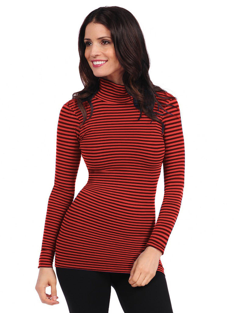 801MN-442 Fire Engine Red/Black Long Sleeve Striped Mock Neck