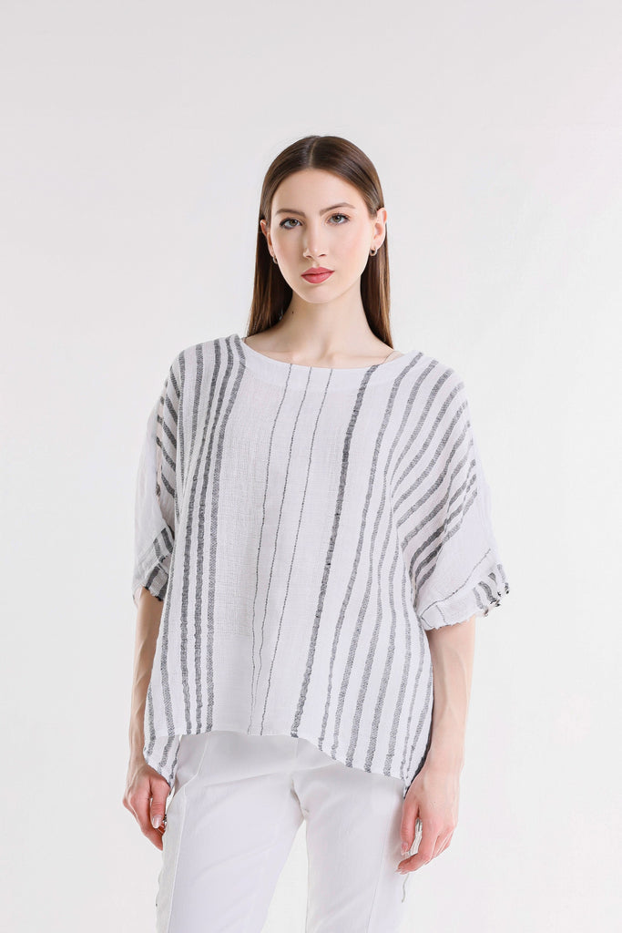 BB102 100C White w/Charcoal Stripe Candace Ballet Slv Specialty Linen Stripe Front / Solid Back Top