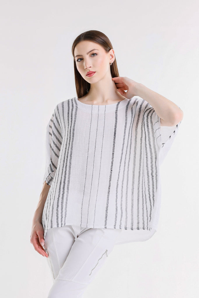 BB102 100C White w/Charcoal Stripe Candace Ballet Slv Specialty Linen Stripe Front / Solid Back Top
