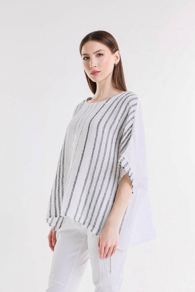 BB102 100C White w/Charcoal Stripe Candace Ballet Slv Specialty Linen Stripe Front / Solid Back Top