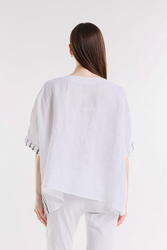 BB102 100C White w/Charcoal Stripe Candace Ballet Slv Specialty Linen Stripe Front / Solid Back Top