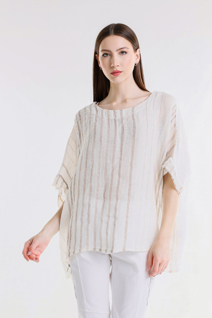 BB102 109B Natural w/Beige Stripe Candace Ballet Slv Specialty Linen Stripe Front / Solid Back Top
