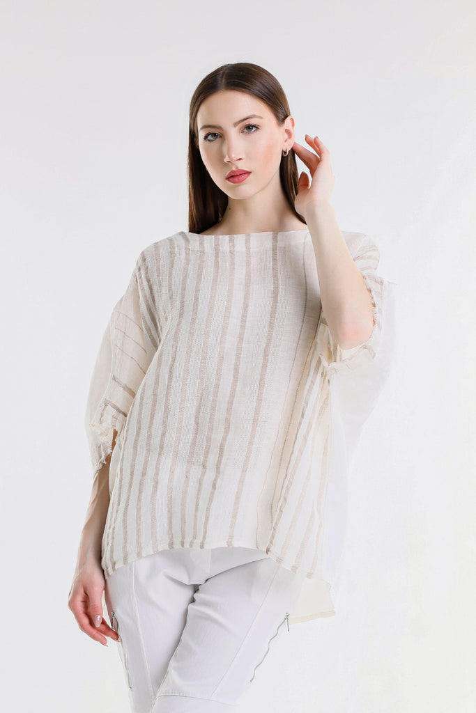 BB102 109B Natural w/Beige Stripe Candace Ballet Slv Specialty Linen Stripe Front / Solid Back Top