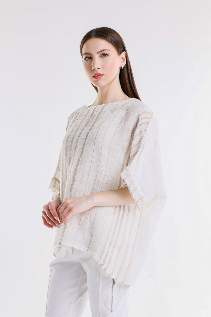 BB102 109B Natural w/Beige Stripe Candace Ballet Slv Specialty Linen Stripe Front / Solid Back Top