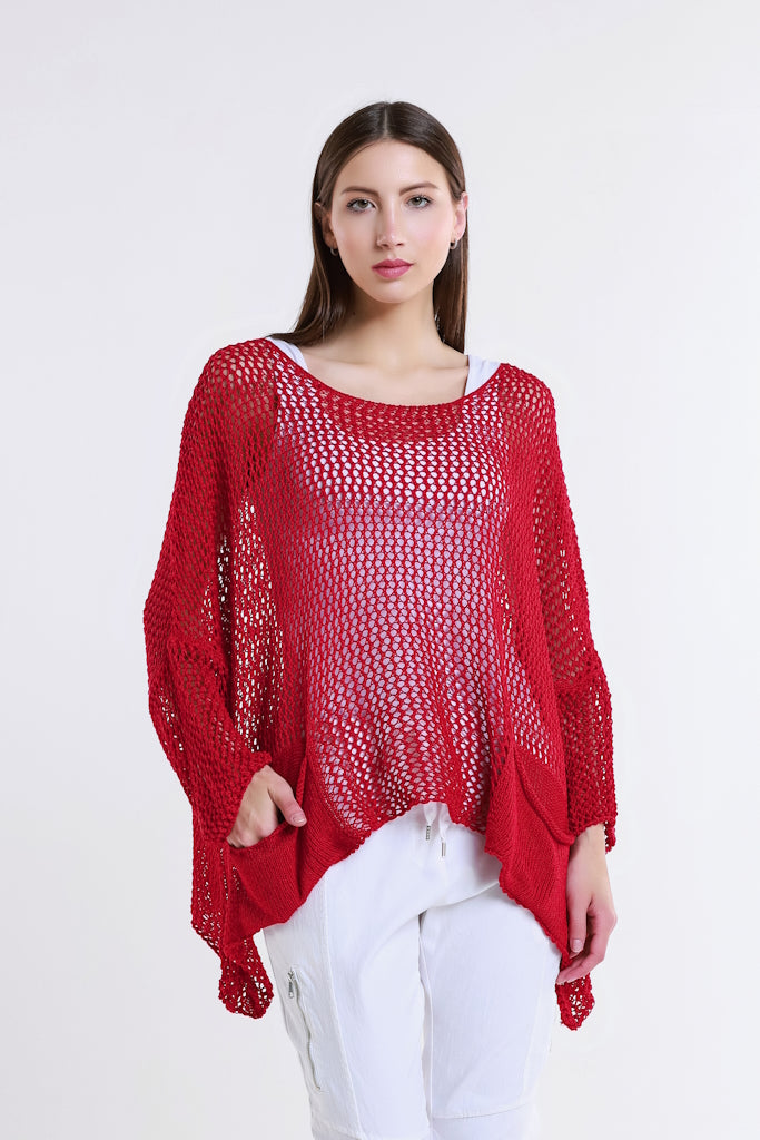 BLS133-600 Red Lennox Long Sleeve Open Knit Topper