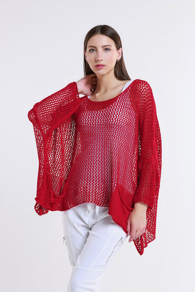 BLS133-600 Red Lennox Long Sleeve Open Knit Topper