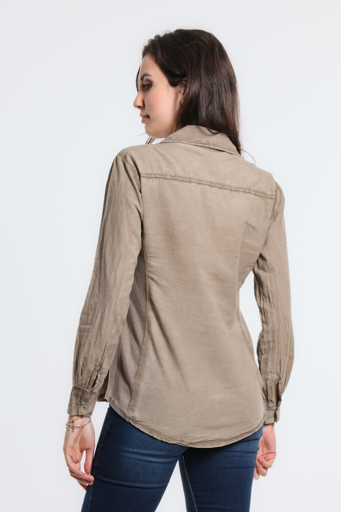 BLS148-241 Taupe Spray Wash Ryder LS Button Front Tab Pocket Top
