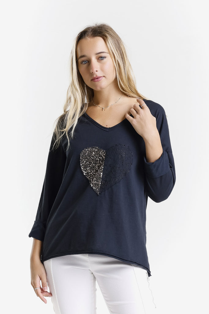 BLS149 001 Black Heart Janice LS Sequin/Lace Heart Top-1