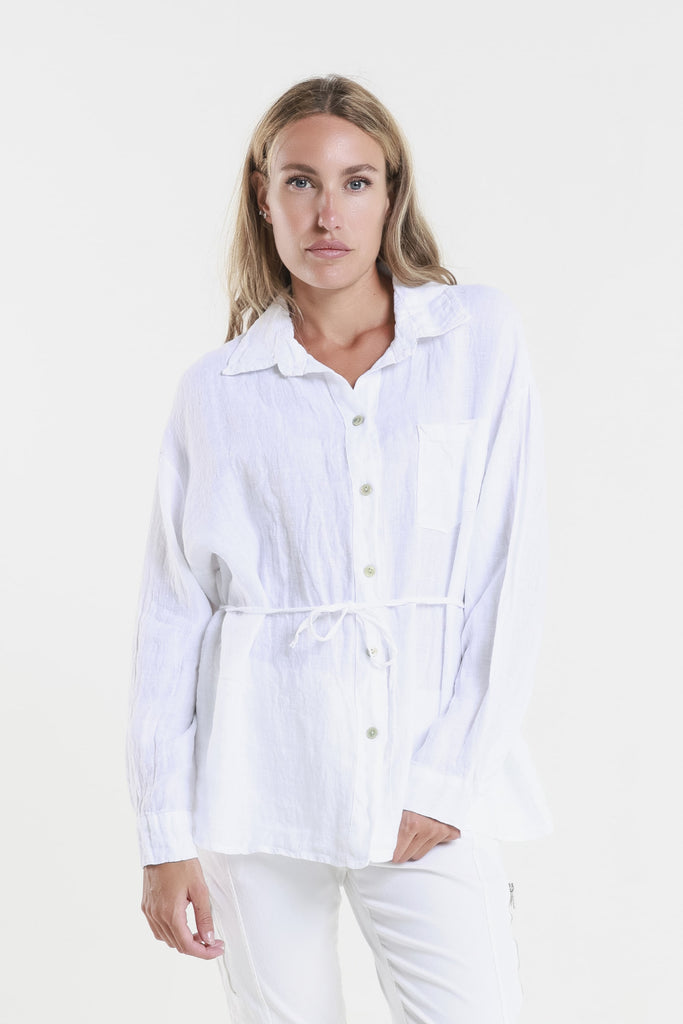 BLS150 100 White Abbie LS Linen Self Tie Tunic Front