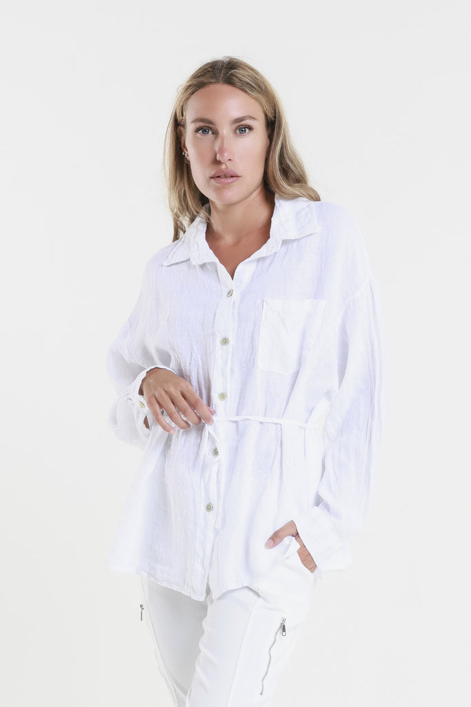 BLS150 100 White Abbie LS Linen Self Tie Tunic Front 2