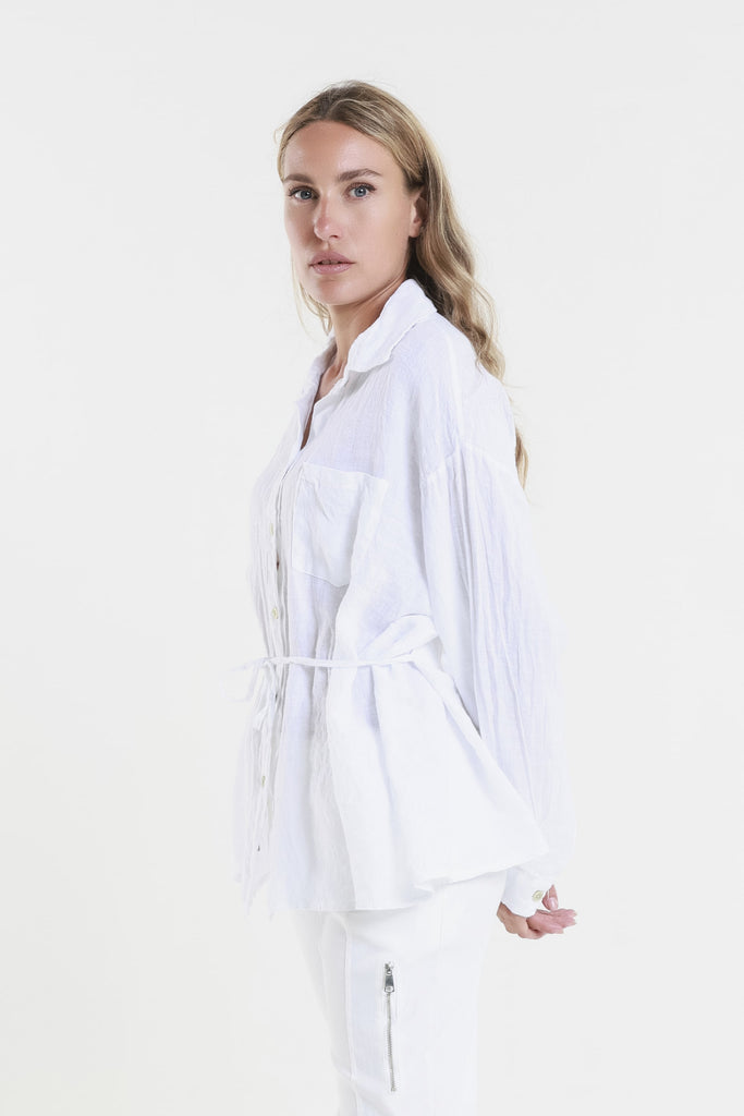 BLS150 100 White Abbie LS Linen Self Tie Tunic Side