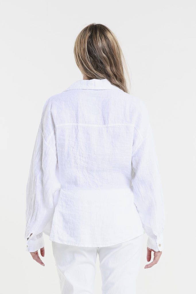 BLS150 100 White Abbie LS Linen Self Tie Tunic Back