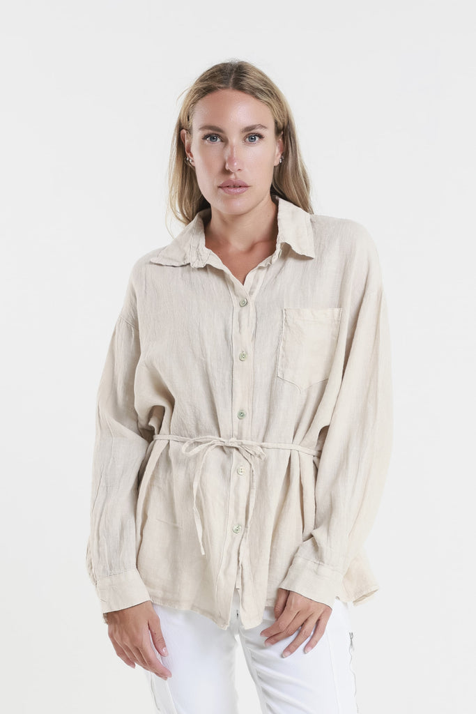 BLS150 250 Beige Abbie LS Linen Self Tie Tunic Front